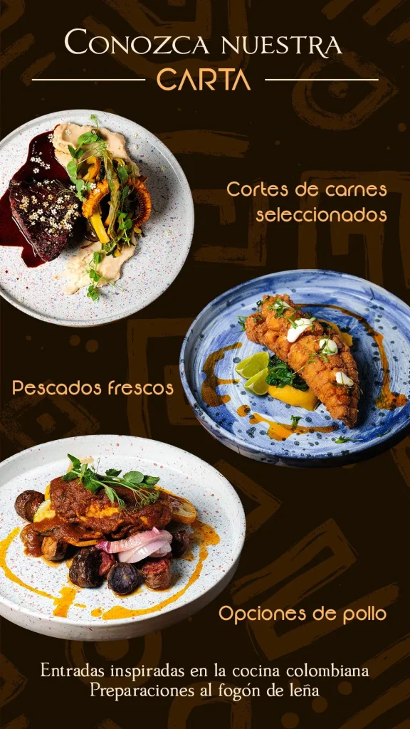 Carta gastronómica de Morada Ancestral con cortes de carne, pescados frescos y preparaciones al fogón de leña en Cali