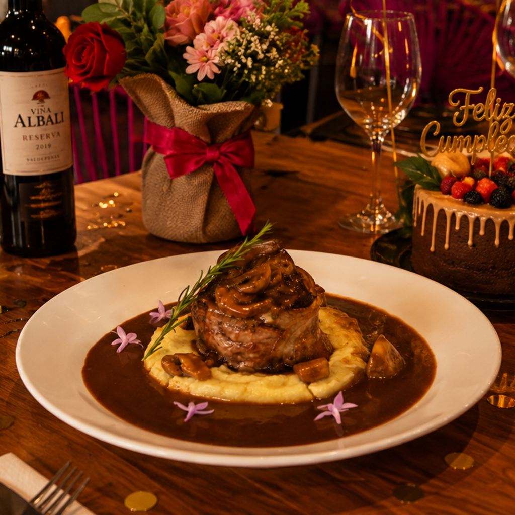 Plato de carne en salsa con puré servido en una mesa decorada para celebrar un cumpleaños en Morada Ancestral, Cali