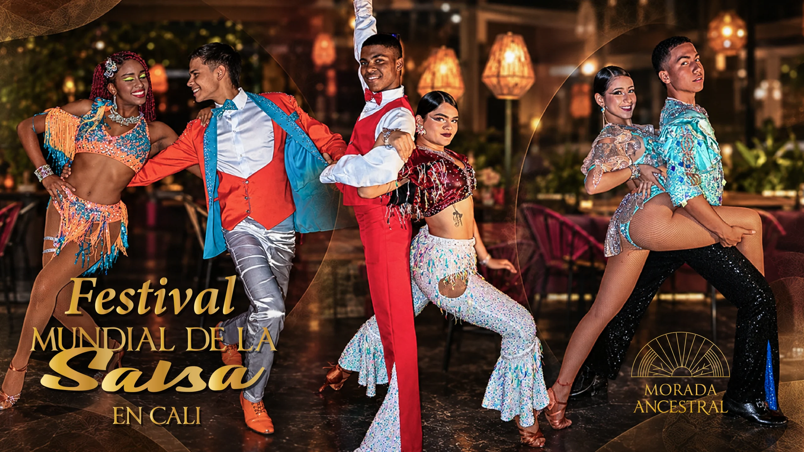 Parejas de bailarines de salsa caleña en trajes de competencia durante el Festival Mundial de Salsa en Cali, en Morada Ancestral