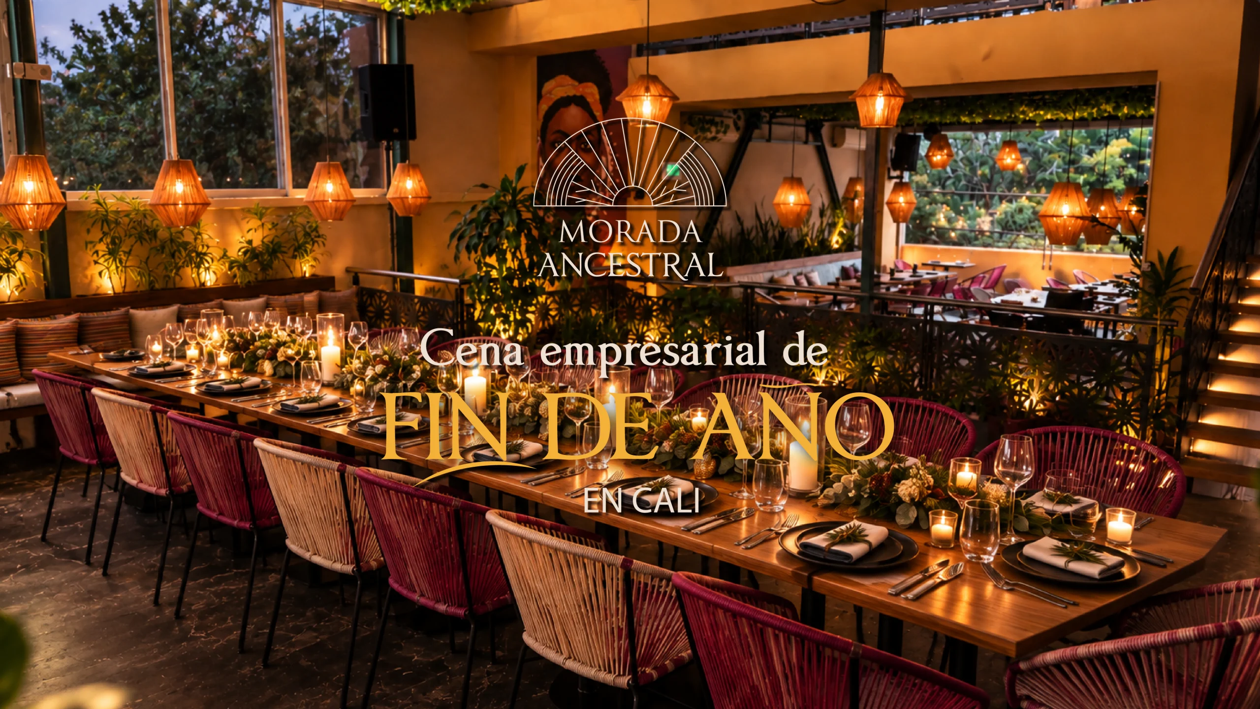 Mesa larga montada para una cena empresarial de fin de año en un restaurante de Cali