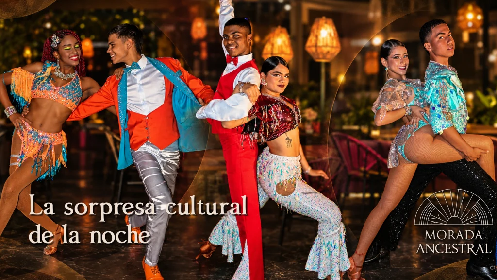Bailarines de salsa caleña durante un show en vivo en una celebración en Morada Ancestral, Cali